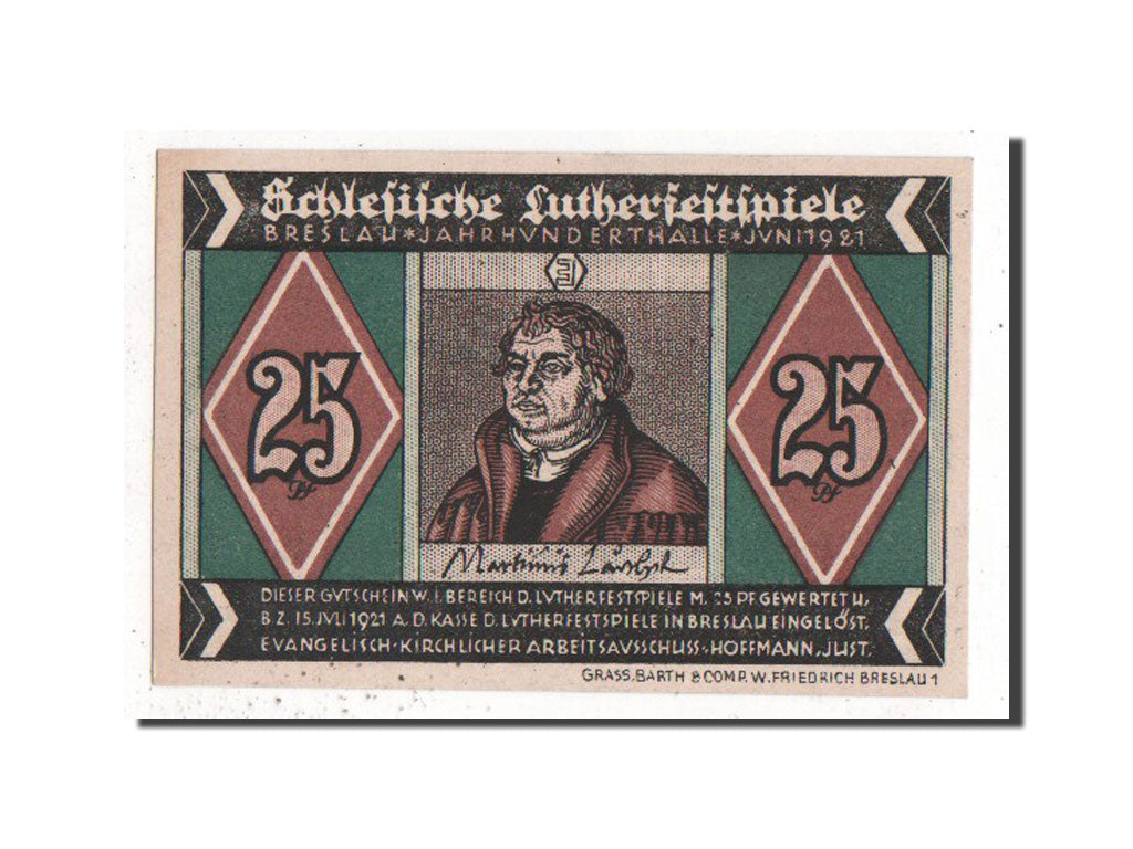 Banknote, Germany, Breslau Evangelisch Kirchlicher, 25 Pfennig, 1921
