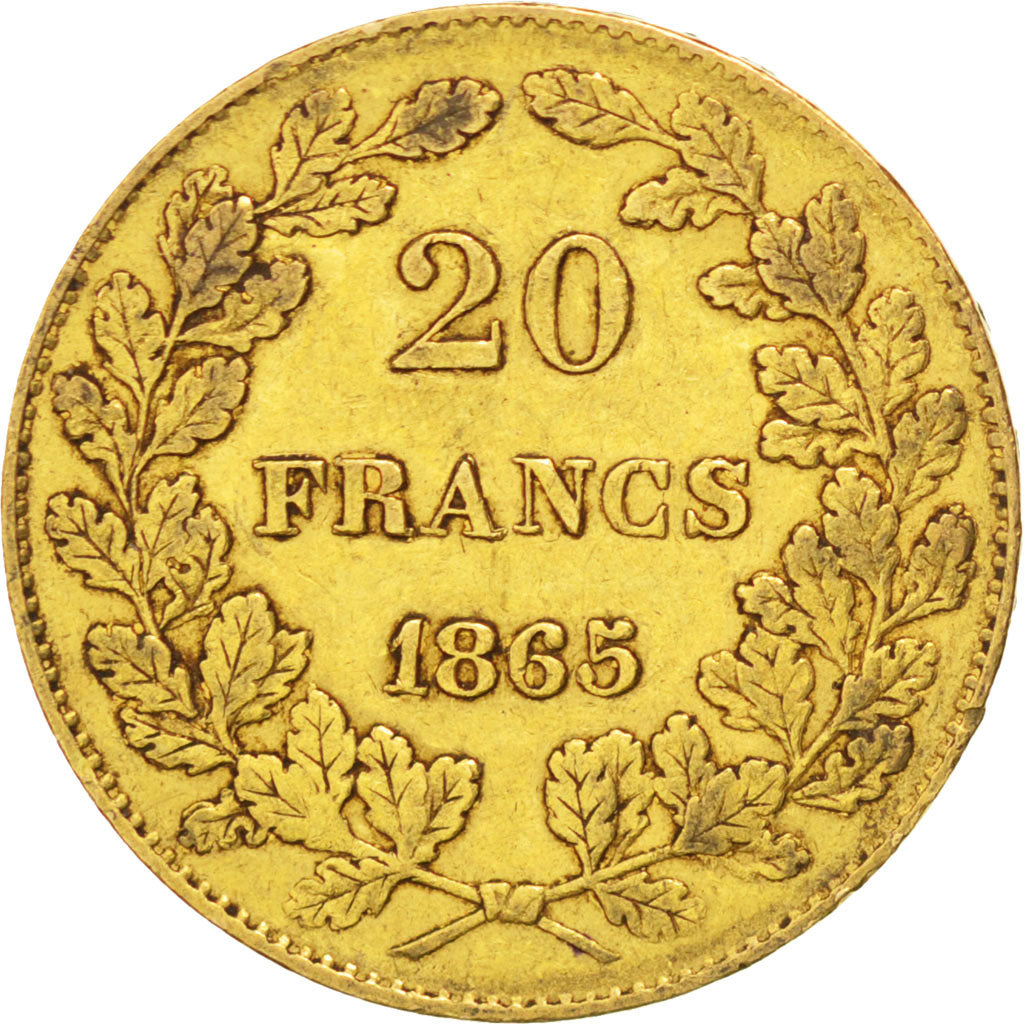 BELGIUM, 20 Francs, 20 Frank, 1865, KM #23, EF(40-45), Gold, 6.46