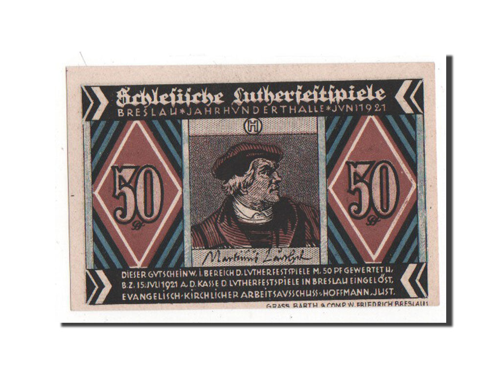 Banknote, Germany, Breslau Evangelisch Kirchlicher, 50 Pfennig, 1921