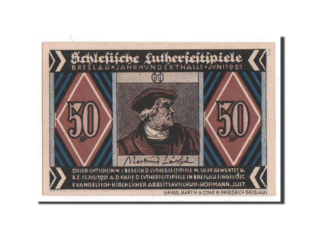 Banknote, Germany, Breslau Evangelisch Kirchlicher, 50 Pfennig, 1921