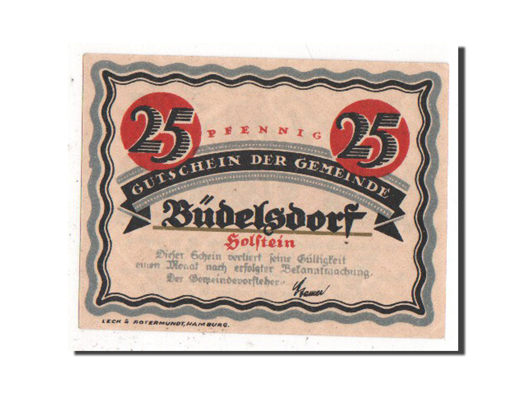 Germany, Budelsdorf Gemeinde, 25 Pfennig, 1921, AU(55-58), Mehl #200.1