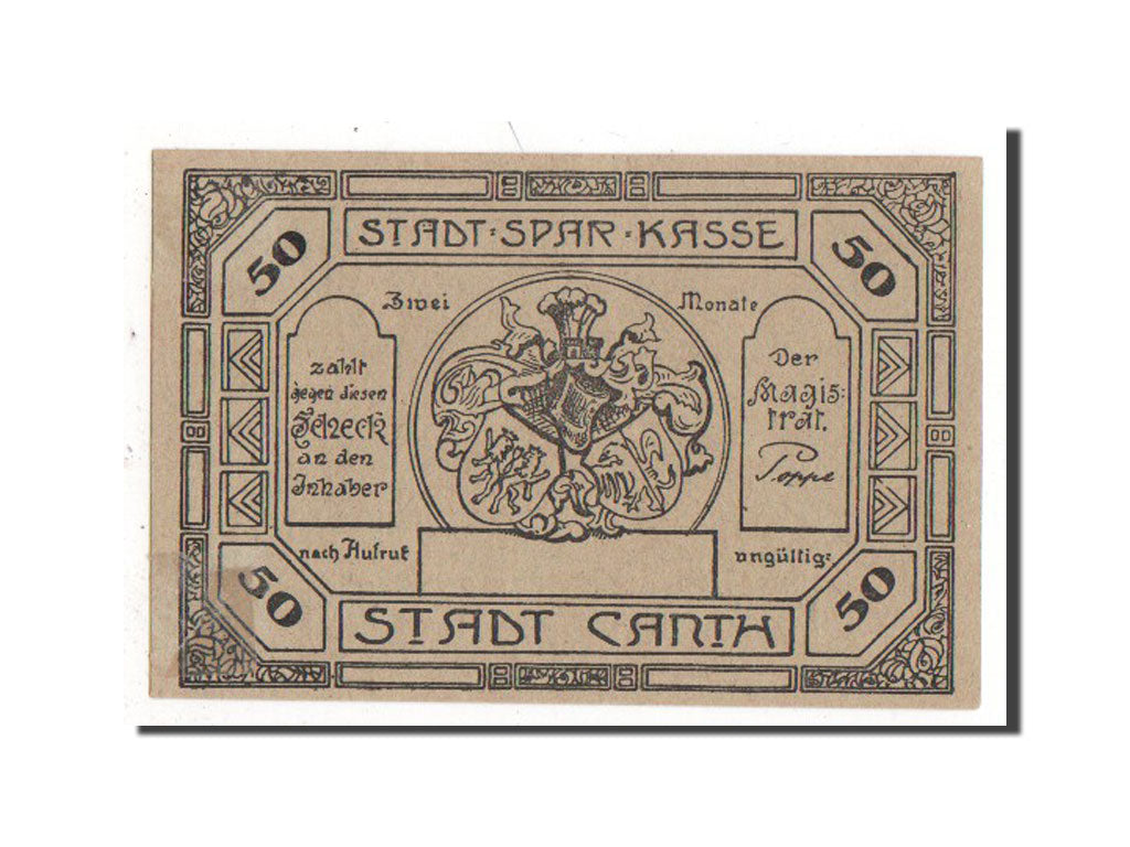 Banknote, Germany, Canth Stadt, 50 Pfennig, AU(55-58), Mehl:220.6b