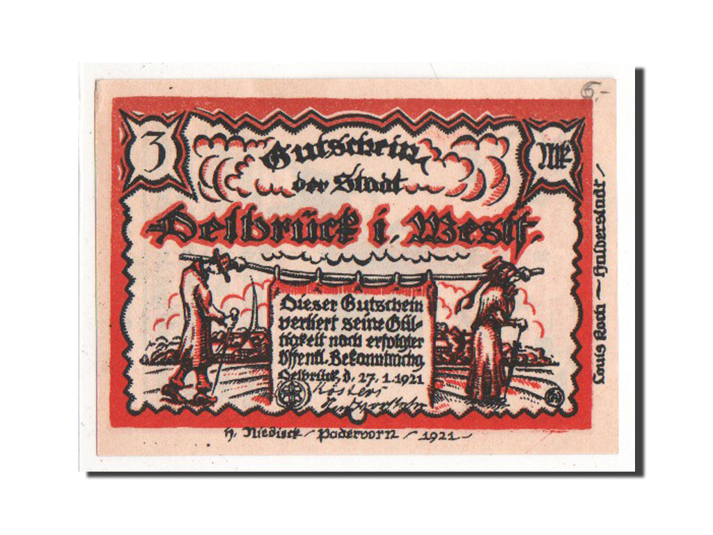 Banknote, Germany, Delbruck, 3 Mark, 1921, AU(55-58), Mehl:261.1
