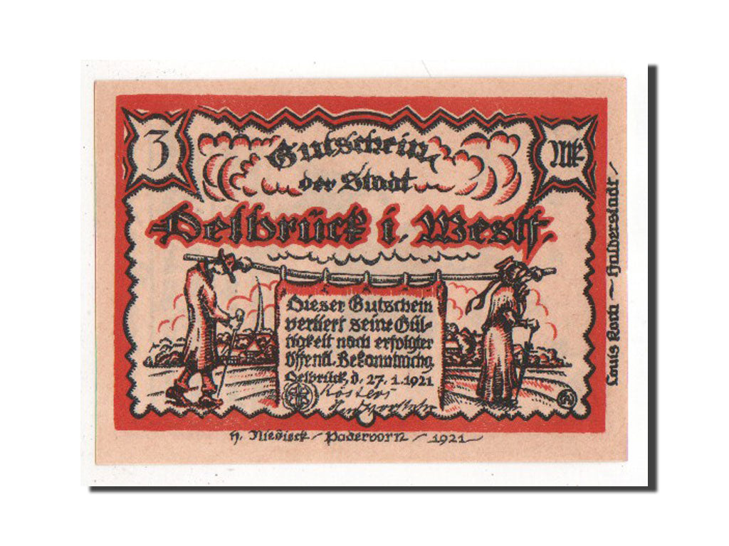 Banknote, Germany, Delbruck, 3 Mark, 1921, AU(55-58), Mehl:261.1