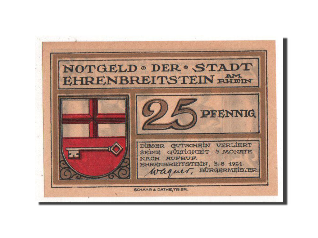 Banknote, Germany, Ehrenbreitstein Stadt, 25 Pfennig, 1921, AU(55-58)