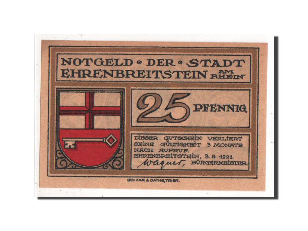 Banknote, Germany, Ehrenbreitstein Stadt, 25 Pfennig, 1921, AU(55-58)