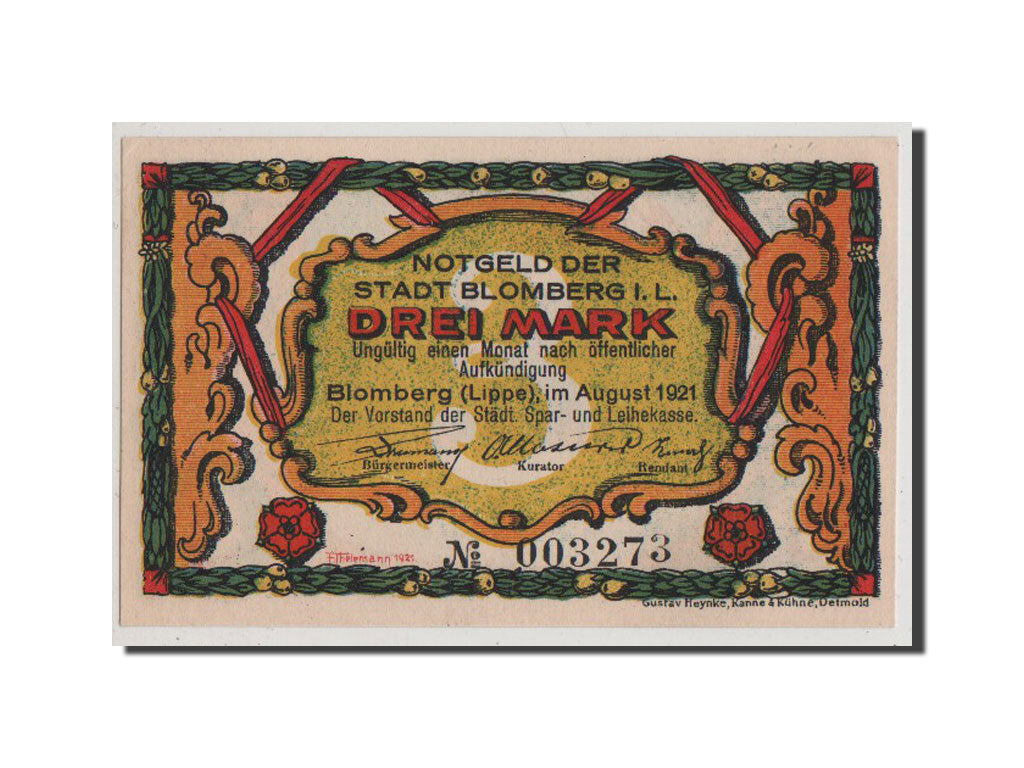 Germany, Blomberg, 3 Mark, 1921, 1921-08-01, AU(55-58), 003273, Mehl #122.2a