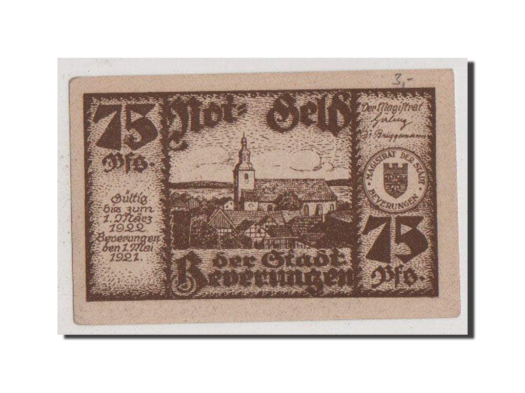 Germany, Beverungen Stadt, 75 Pfennig, 1921, UNC(64), Mehl #99.2