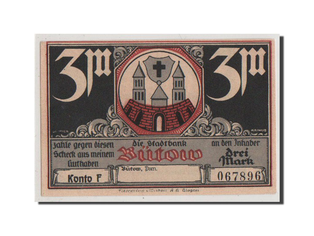 Banknote, Germany, Butow Stadtbank, 3 Mark, UNC(64), Mehl:204.1a