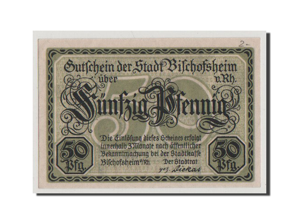 Billete, Alemania, Bischofsheim v. Rhon Stadt, 50 Pfennig, SC+, Mehl:107.2