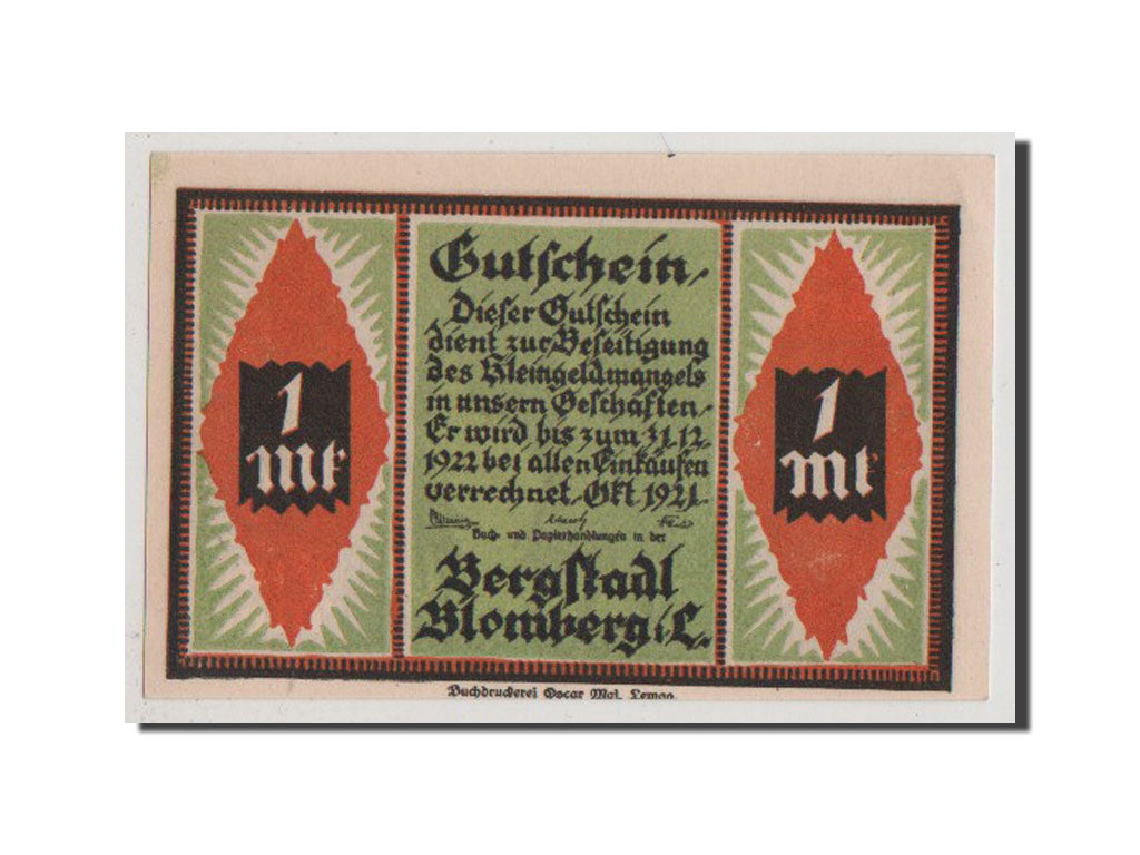 Geldschein, Deutschland, Blomberg, 1 Mark, 1921, 1921-10-01, UNZ-, Mehl:120.1a