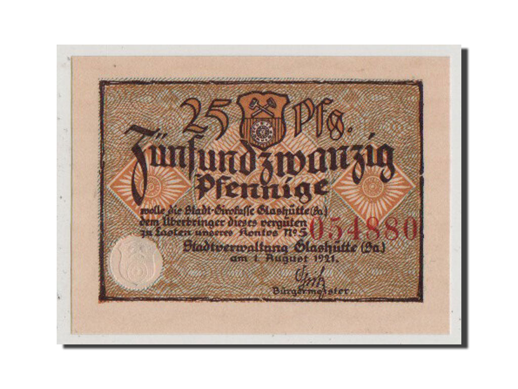 Geldschein, Deutschland, Glashutte, 25 Pfennig, 1921, UNZ, Mehl:430.1
