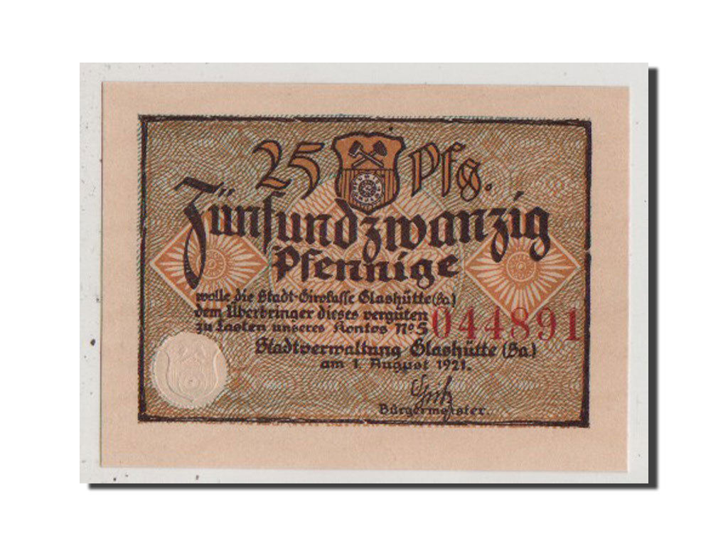 Banconote, Germania, Glashutte, 25 Pfennig, 1921, FDS, Mehl:430.1