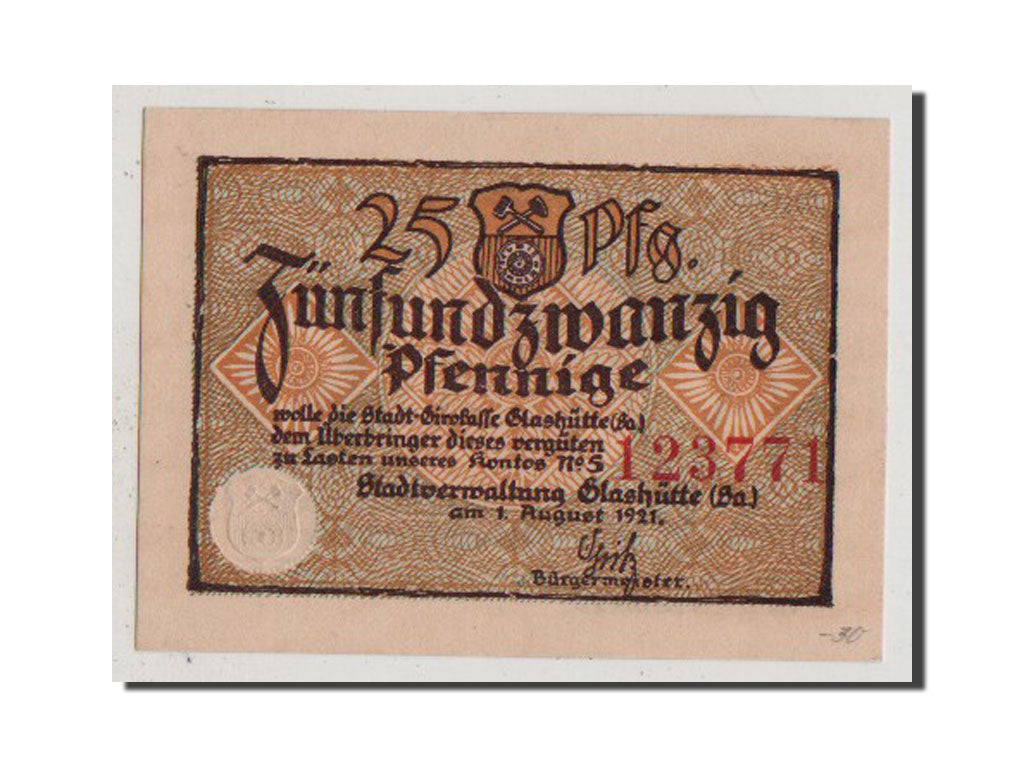 Banknot, Niemcy, Glashutte, 25 Pfennig, 1921, UNC(65-70), Mehl:430.1