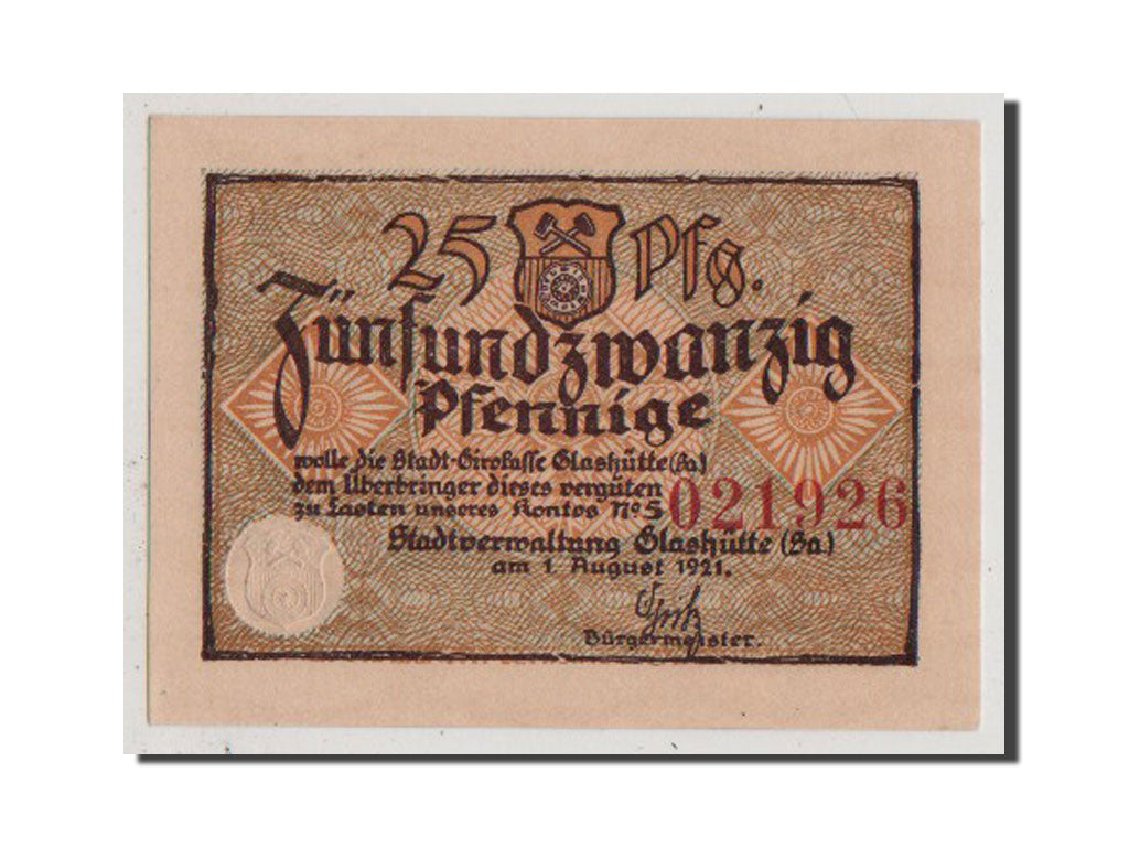 Banconote, Germania, Glashutte, 25 Pfennig, 1921, FDS, Mehl:430.1