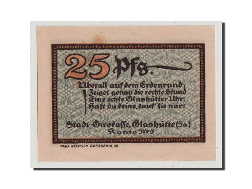 Banconote, Germania, Glashutte, 25 Pfennig, 1921, FDS, Mehl:430.1