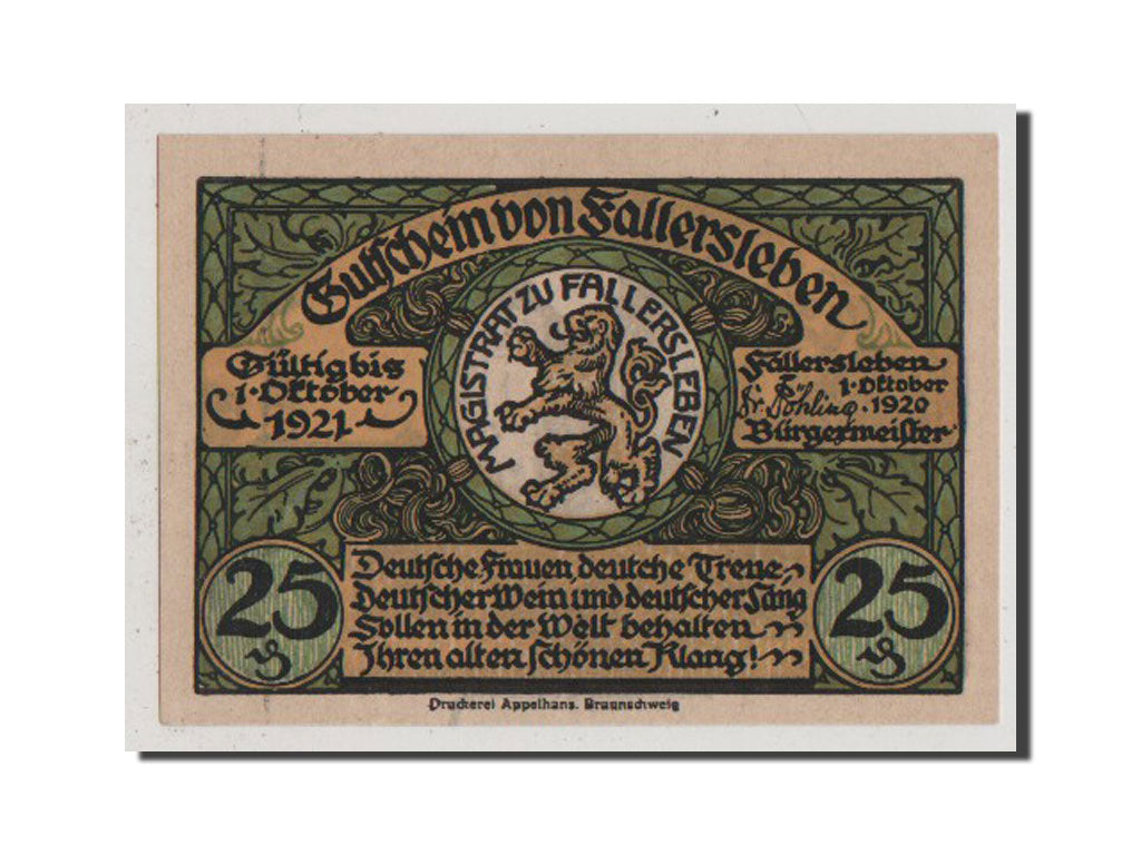 Geldschein, Deutschland, Fallersleben, 25 Pfennig, 1921, UNZ, Mehl:360.1