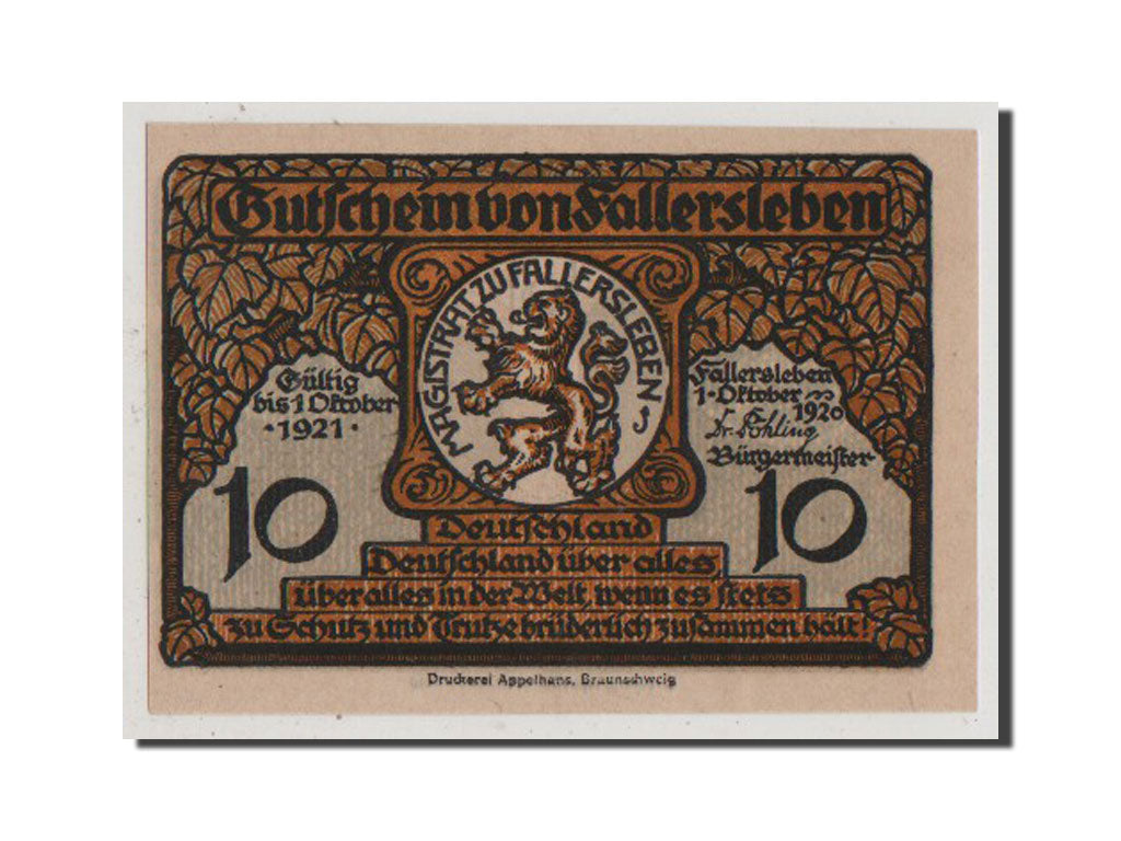 Banconote, Germania, Fallersleben, 10 Pfennig, 1920, FDS, Mehl:360.1