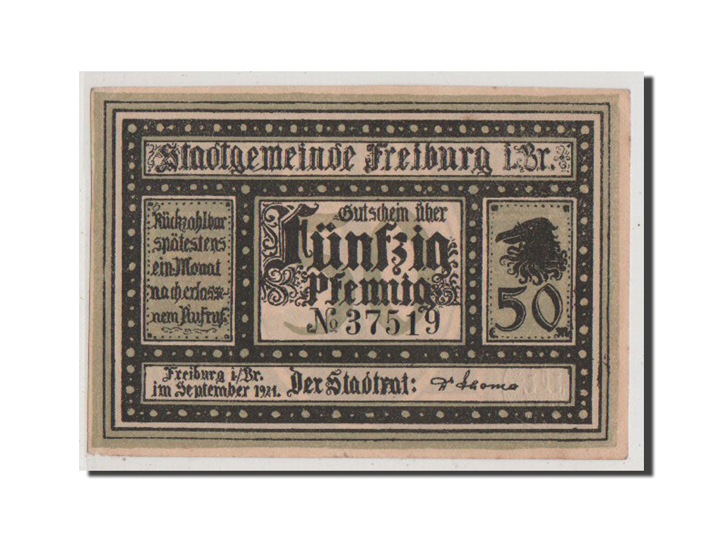 Billet, Allemagne, Freiburg i. Br. Stadt, 50 Pfennig, 1921, 1921-09-01, SPL+