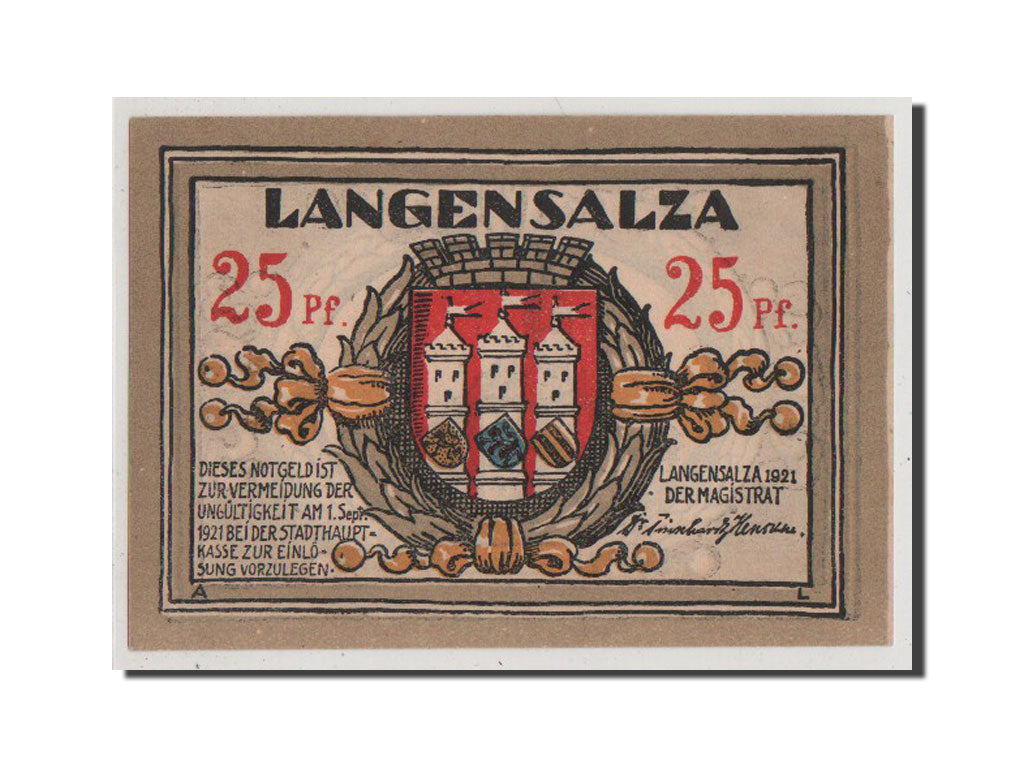 Billet, Allemagne, Langensalza Stadt, 25 Pfennig, 1921, NEUF, Mehl:770.1