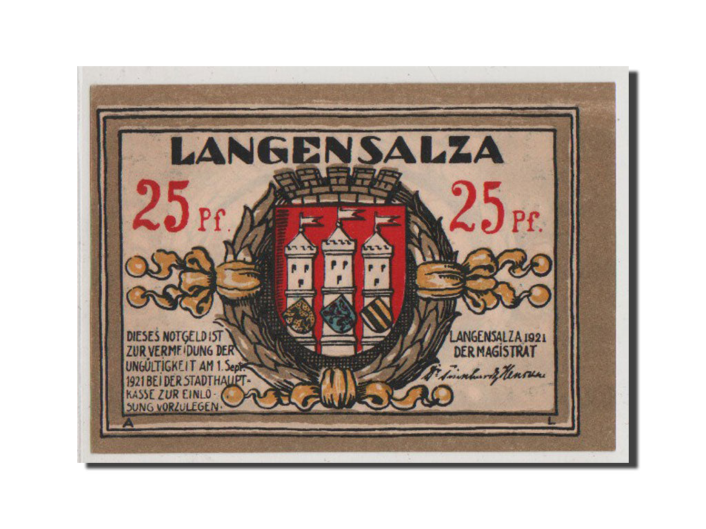 Billet, Allemagne, Langensalza Stadt, 25 Pfennig, 1921, NEUF, Mehl:770.1