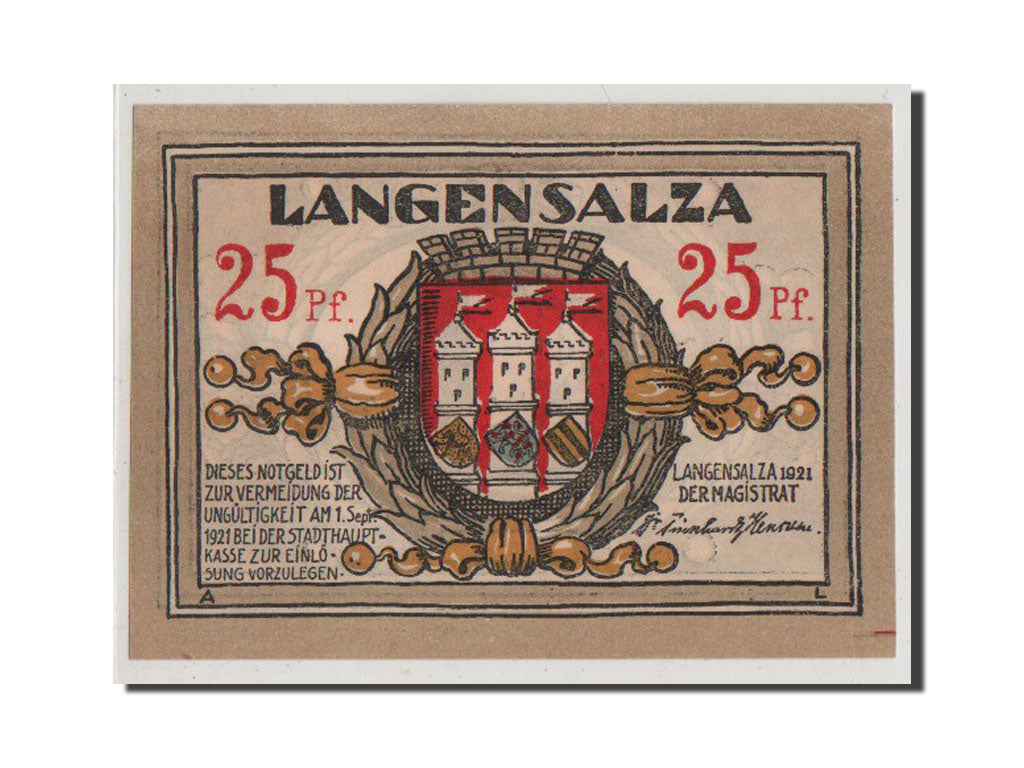 Billete, Alemania, Langensalza Stadt, 25 Pfennig, 1921, UNC, Mehl:770.1