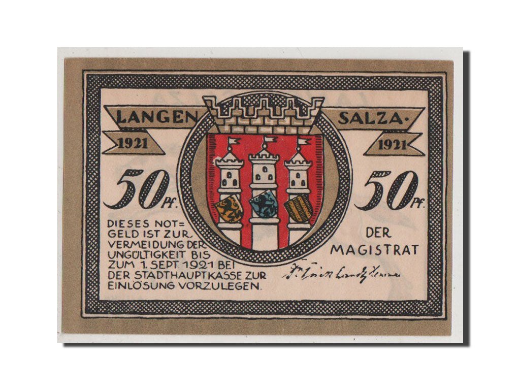 Banknot, Niemcy, Langensalza Stadt, 50 Pfennig, 1921, UNC(65-70), Mehl:770.3
