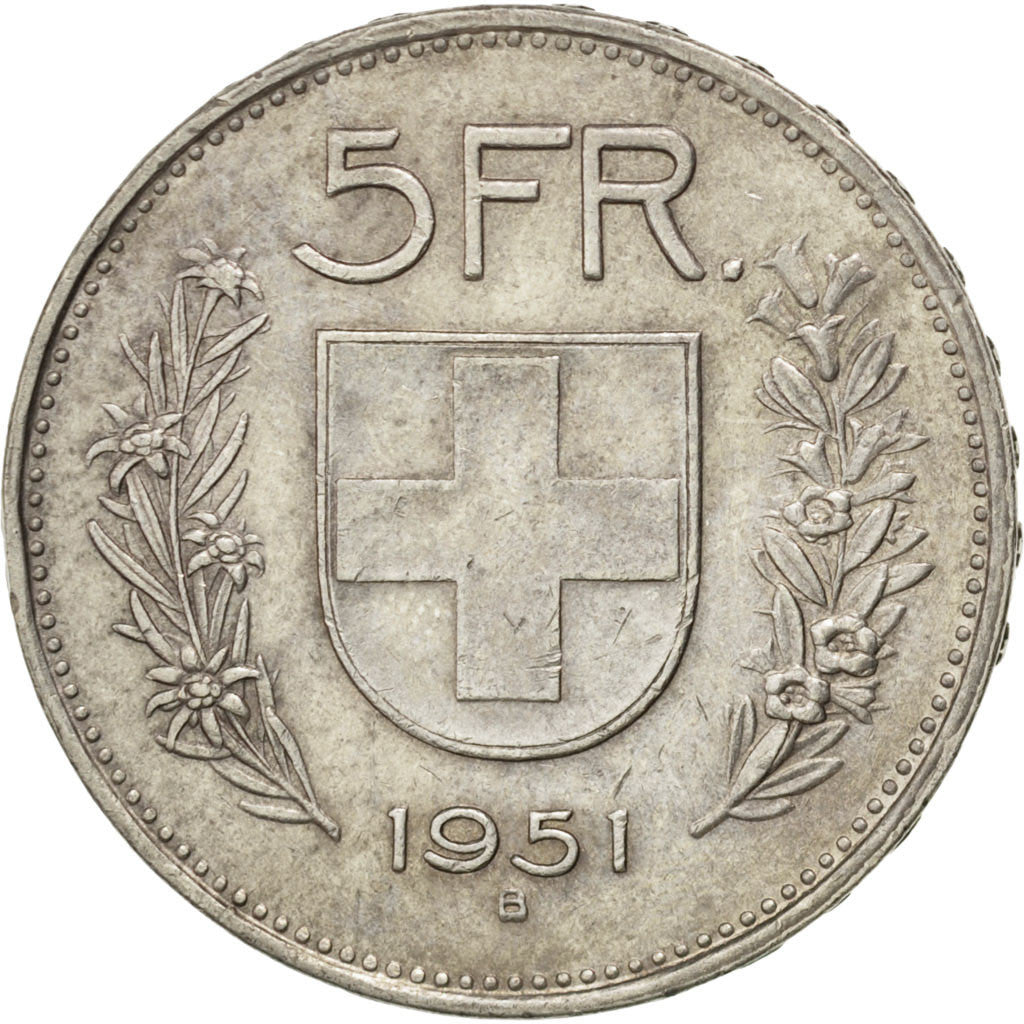 Coin, Switzerland, 5 Francs, 1951, Bern, AU(55-58), Silver, KM:40