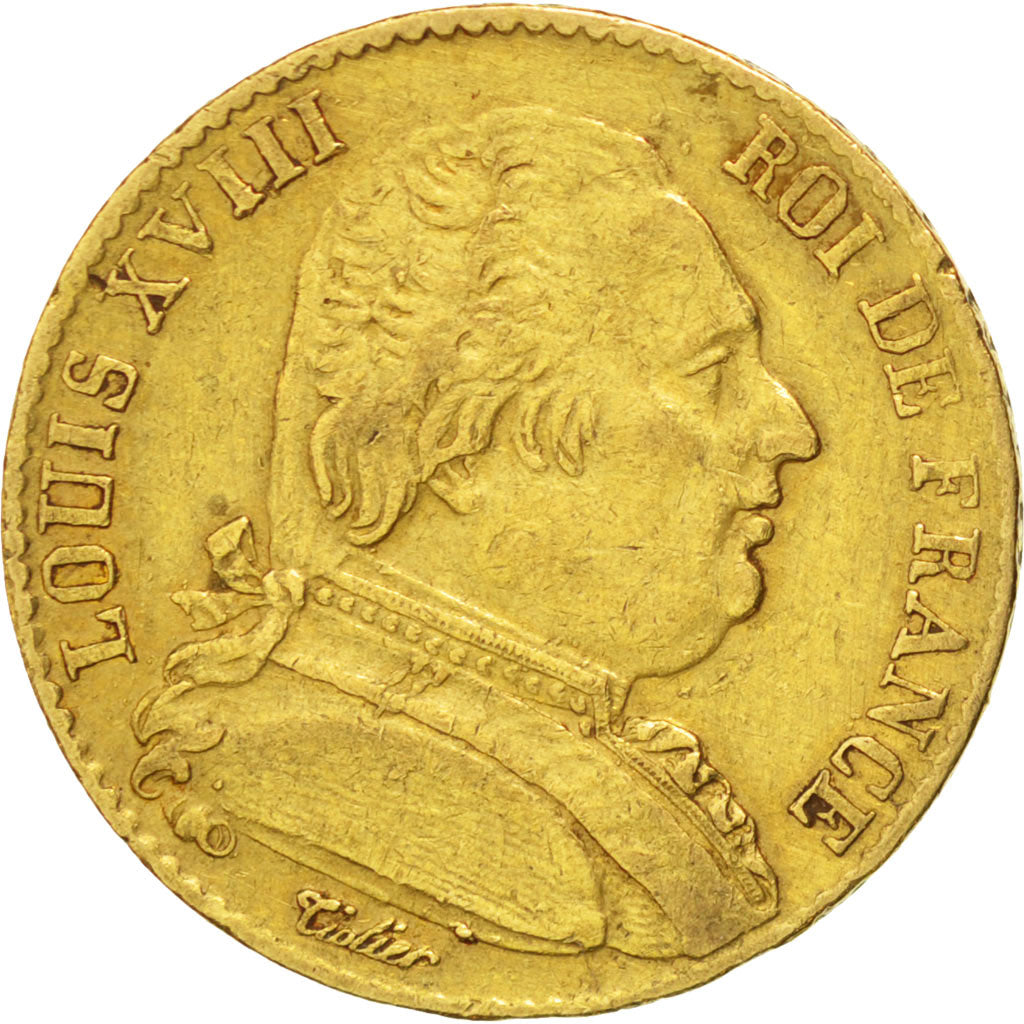 FRANCE, Louis XVIII, 20 Francs, 1814, Paris, KM #706.1, AU(50-53), Gold,...