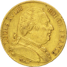 FRANCE, Louis XVIII, 20 Francs, 1814, Paris, KM #706.1, AU(50-53), Gold,...