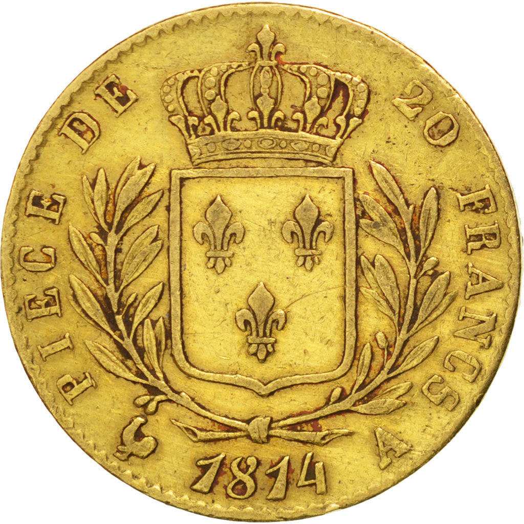 FRANCE, Louis XVIII, 20 Francs, 1814, Paris, KM #706.1, AU(50-53), Gold,...