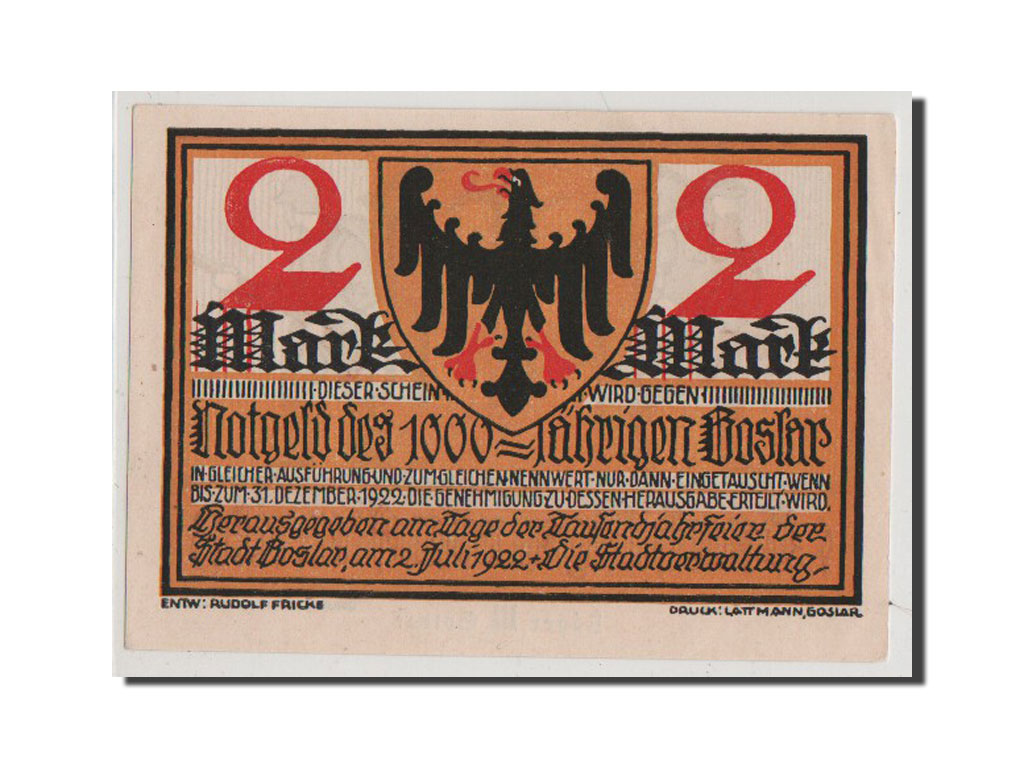 Banconote, Germania, Goslar Stadt, 2 Mark, 1922, FDS, Mehl:455.3