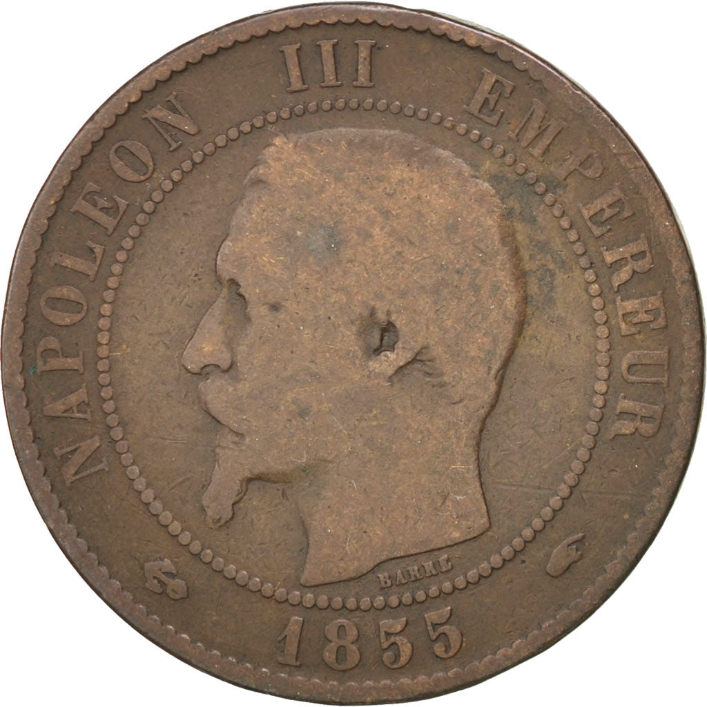 FRANCE, Napoléon III, 10 Centimes, 1855, Paris, KM #771.1, F(12-15), Bronze, G..