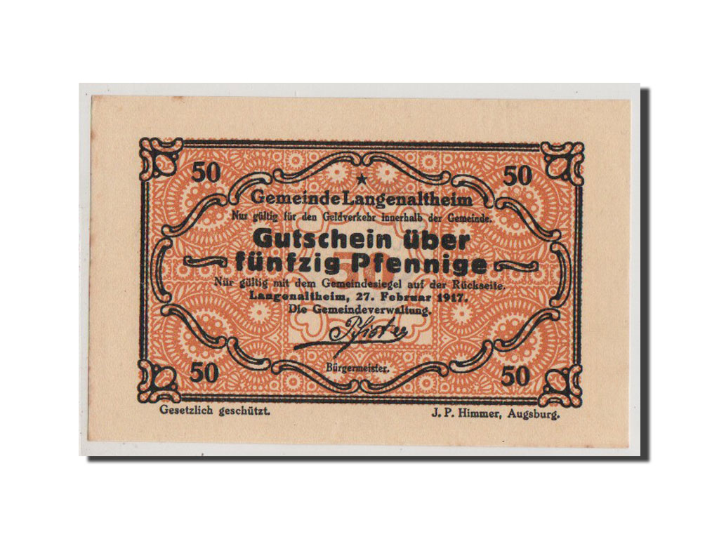Banknot, Niemcy, Langenaltheim, 50 Pfennig, 1917, UNC(65-70), Mehl:766.4