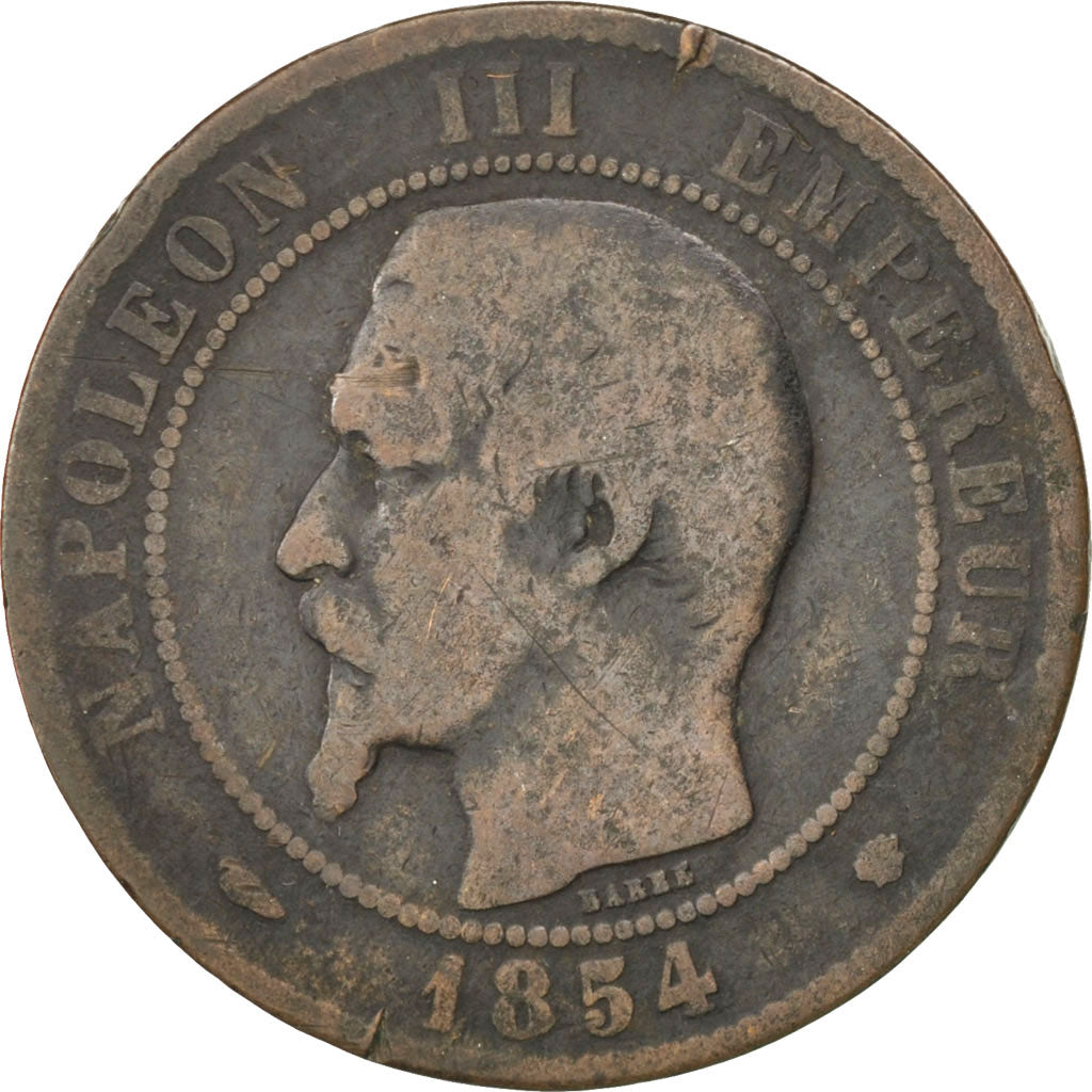 FRANCE, Napoléon III, 10 Centimes, 1854, Marseille, KM #771.6, VG(8-10), Bronze,