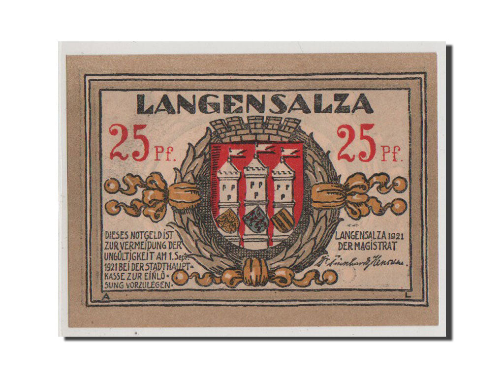 Billet, Allemagne, Langensalza Stadt, 25 Pfennig, 1921, NEUF, Mehl:770.1