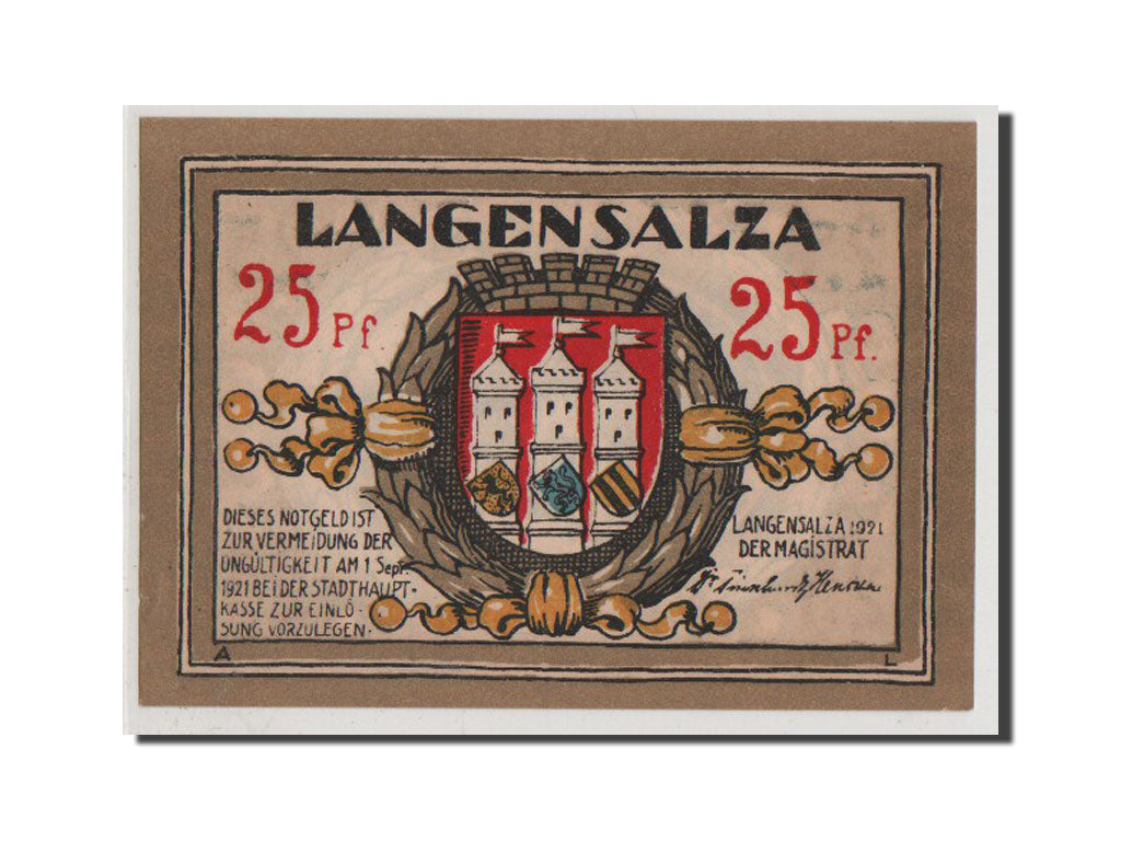 Billet, Allemagne, Langensalza Stadt, 25 Pfennig, 1921, NEUF, Mehl:770.1