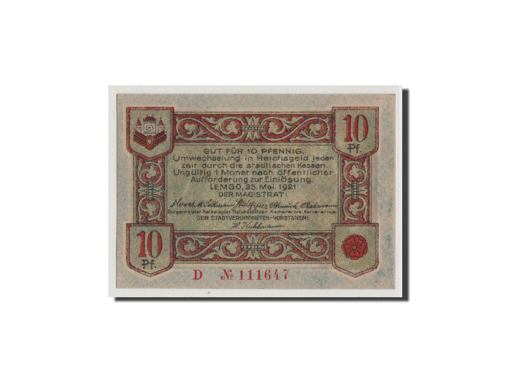 Banconote, Germania, Lemgo Stadt, 10 Pfennig, 1921, FDS, Mehl:789.2