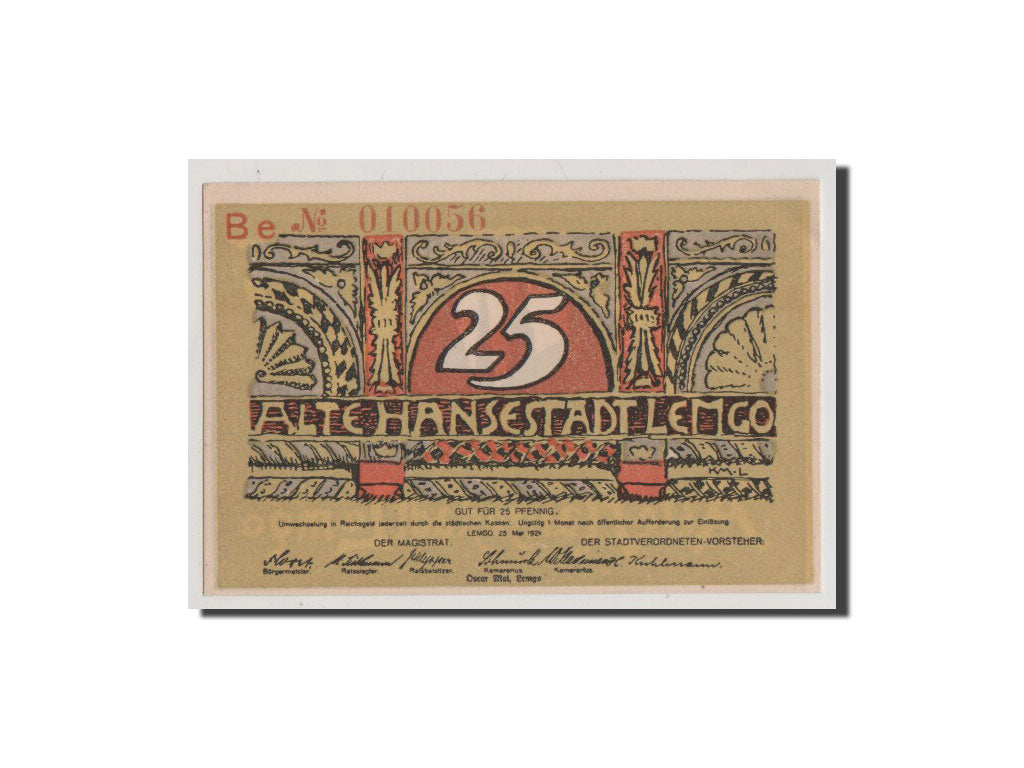 Banconote, Germania, Lemgo Stadt, 25 Pfennig, 1921, FDS, Mehl:789.1