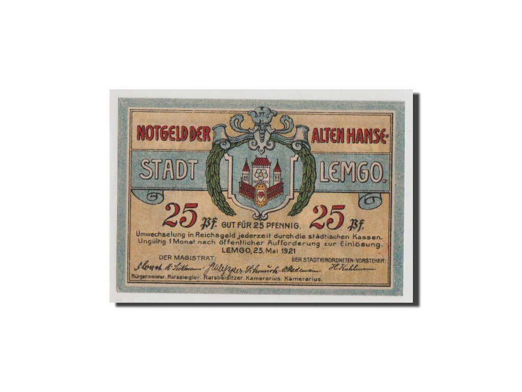Banknote, Germany, Lemgo Stadt, 25 Pfennig, 1921, UNC(65-70), Mehl:789.3