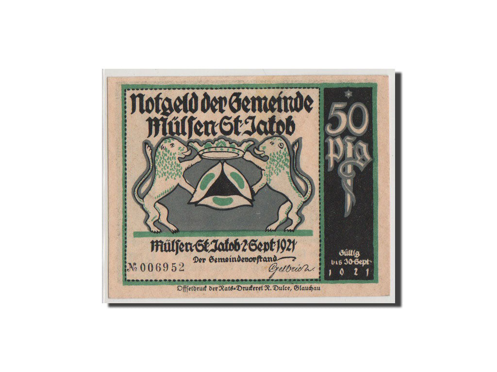 Banconote, Germania, Mulsen St Jacob Gemeinde, 50 Pfennig, 1921, FDS, Mehl:906.3