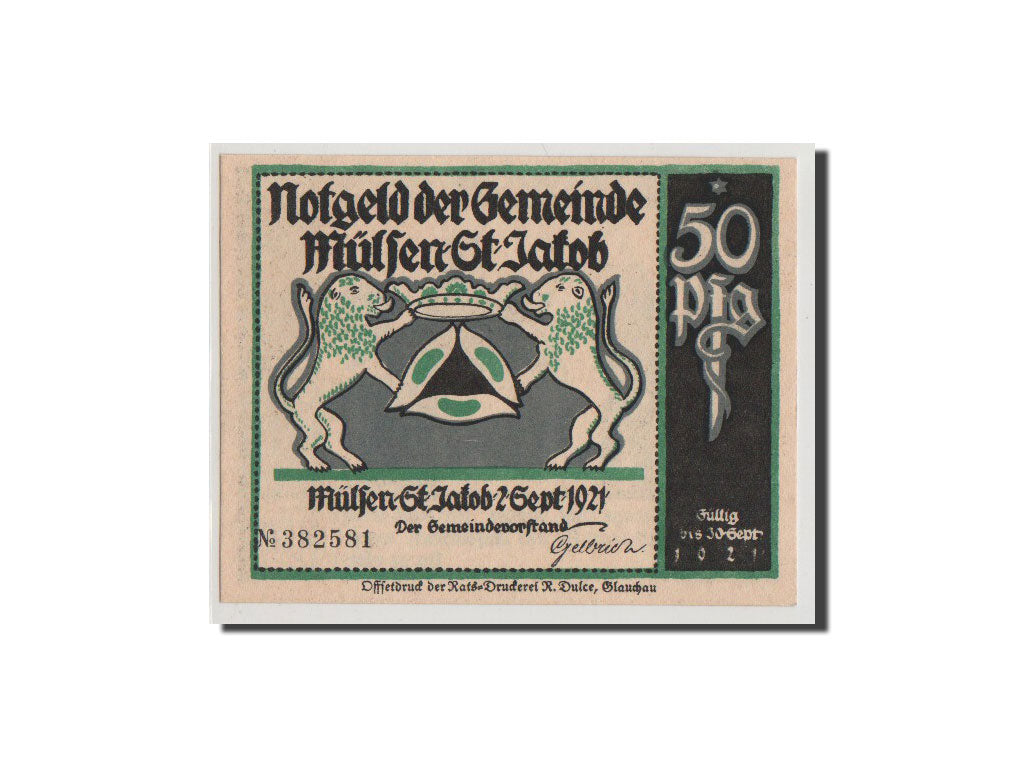Banconote, Germania, Mulsen St Jacob Gemeinde, 50 Pfennig, 1921, FDS, Mehl:906.3