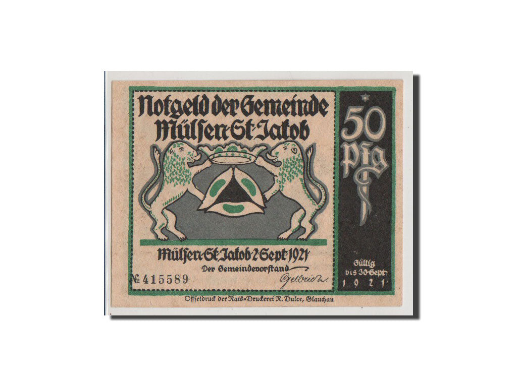 Geldschein, Deutschland, Mulsen St Jacob Gemeinde, 50 Pfennig, 1921, UNZ