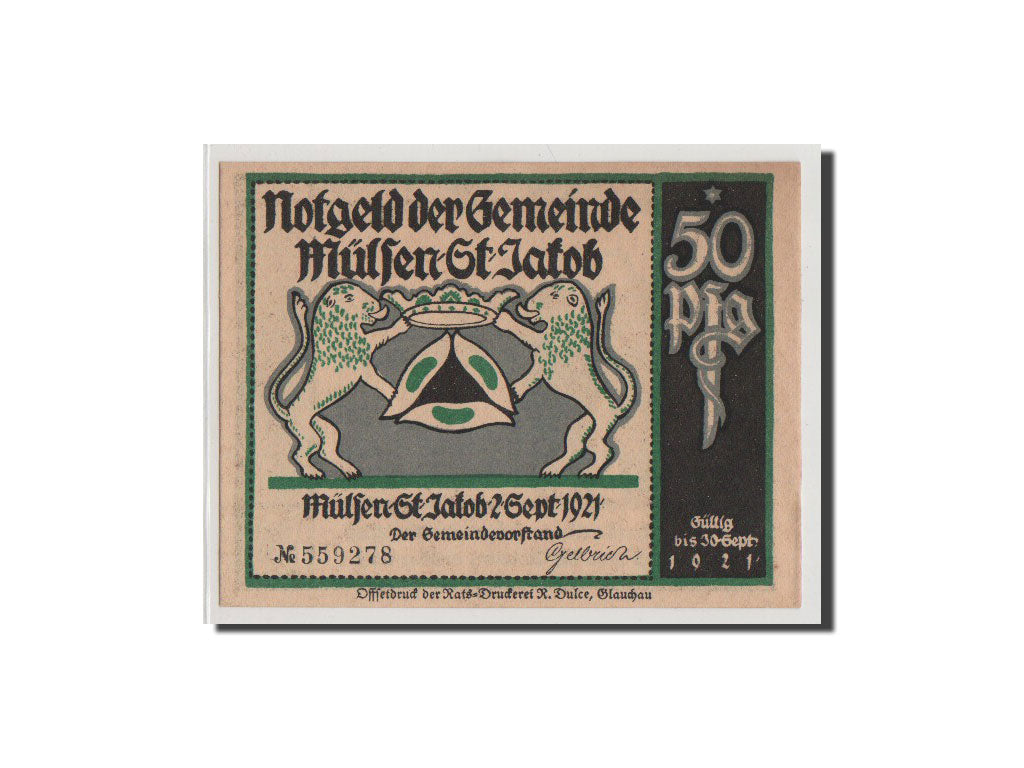 Banconote, Germania, Mulsen St Jacob Gemeinde, 50 Pfennig, 1921, FDS, Mehl:906.3