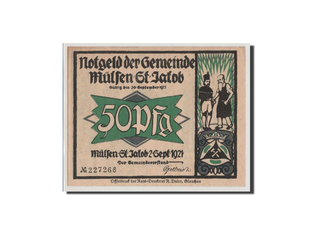 Banconote, Germania, Mulsen St Jacob Gemeinde, 50 Pfennig, 1921, FDS, Mehl:906.1