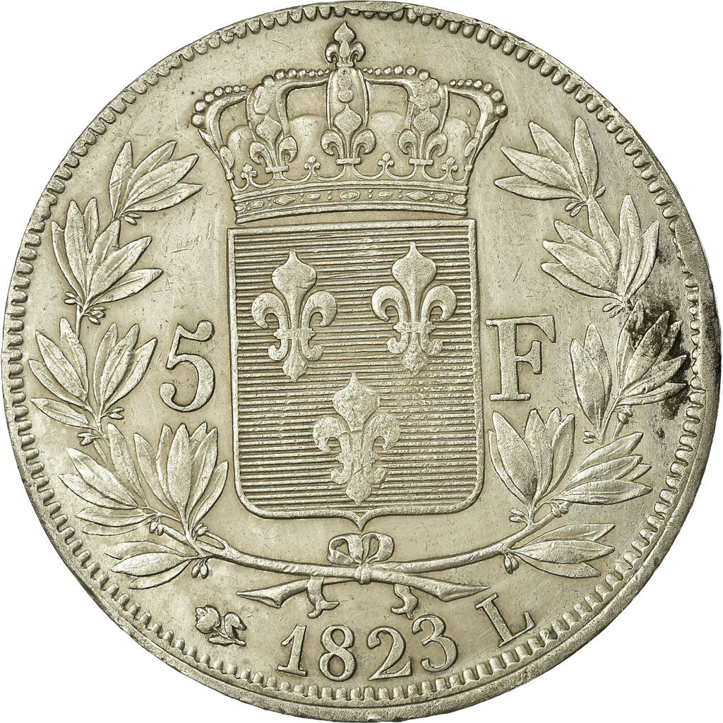 Moneta, Francia, Louis XVIII, 5 Francs, 1823, Bayonne, BB+, Argento, KM:711.8