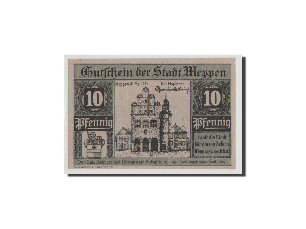 Banconote, Germania, Meppen, 10 Pfennig, 1921, FDS, Mehl:883.1