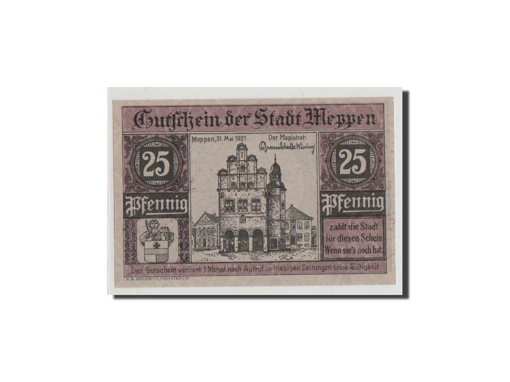 Banconote, Germania, Meppen, 25 Pfennig, 1921, FDS, Mehl:883.1