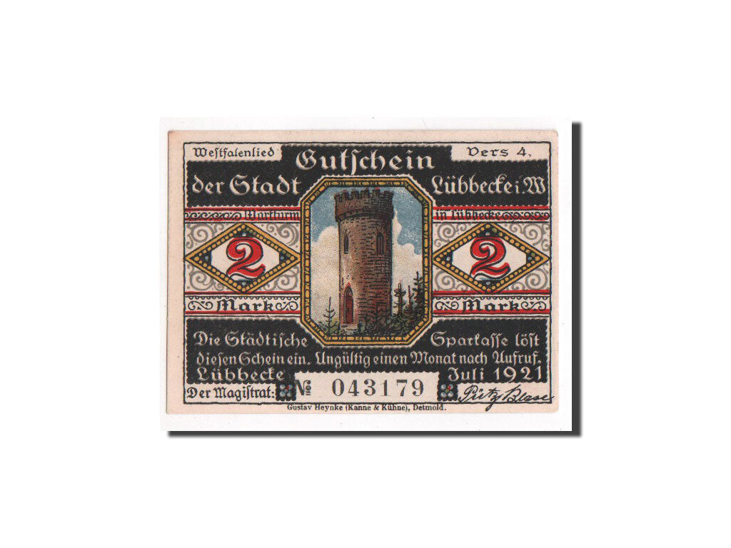 Banknote, Germany, Lubbecke Stadt, 2 Mark, 1921, 1921-07-01, UNC(65-70)