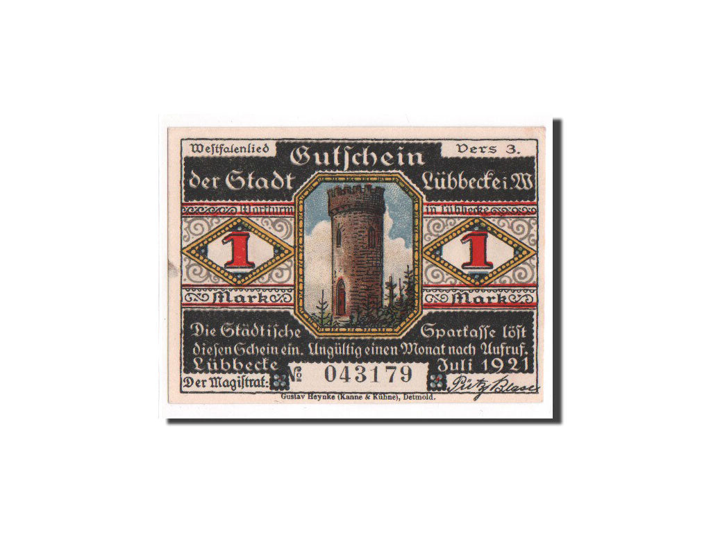 Banknote, Germany, Lubbecke Stadt, 1 Mark, 1921, 1921-07-01, UNC(65-70)